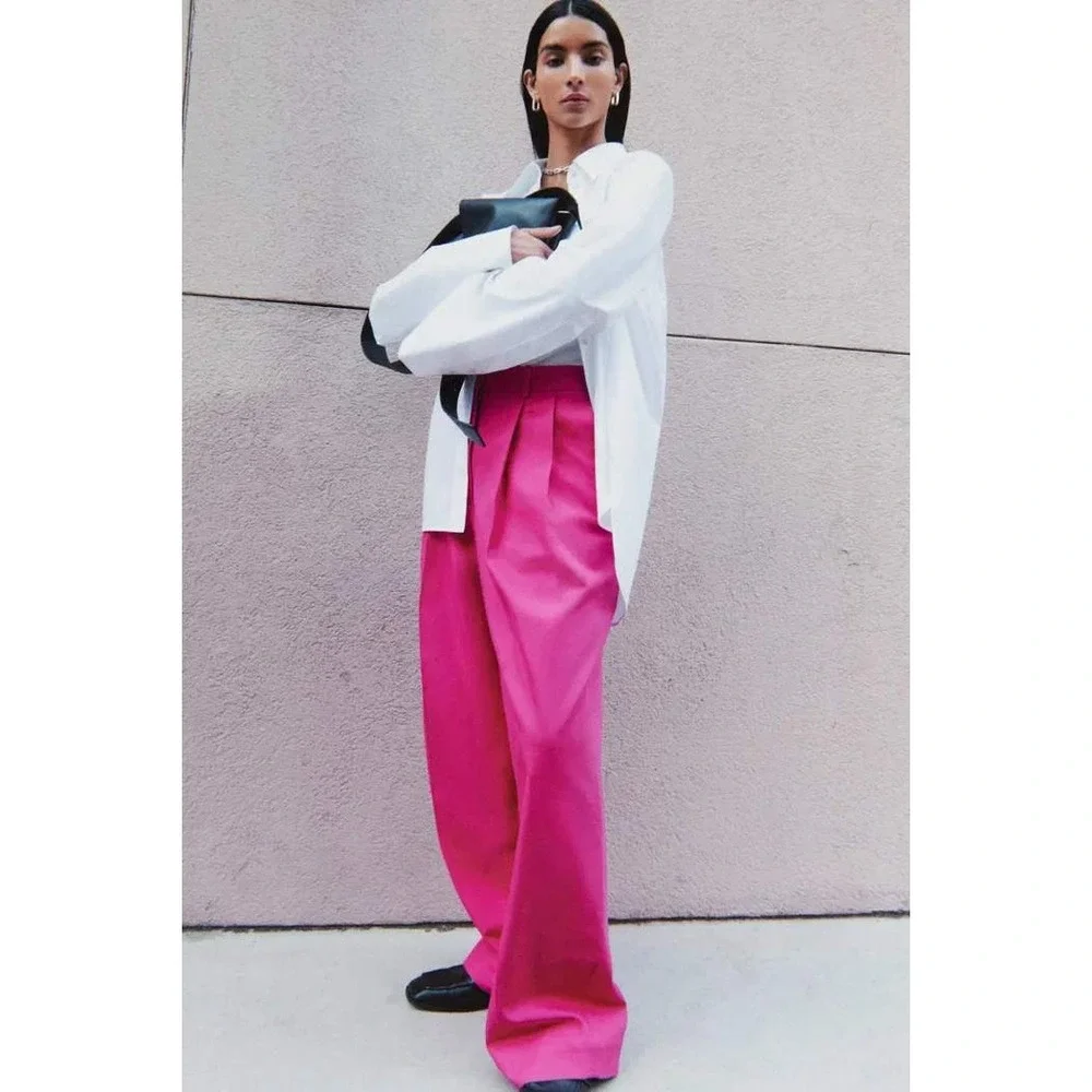 COS Pleated Wide Leg Trousers 100% Cotton Size 12 Pink Statement Minimalist